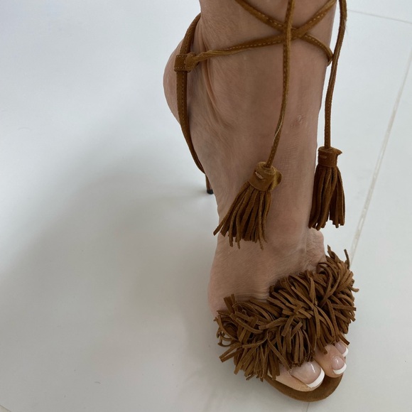 Aquazzura Tan Suede High-Heeled Sandals with Fringe and Ankle Strap in size 7 US - Picture 5 of 8